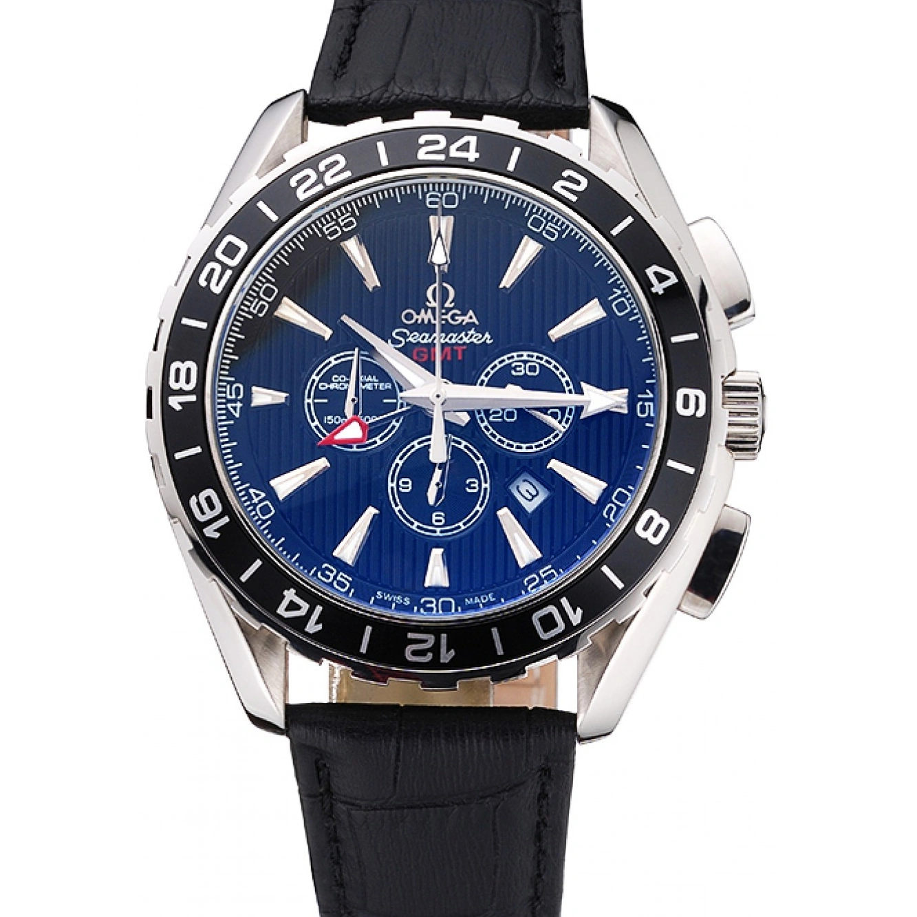 1014 Omega Seamaster Aqua Terra Chrono GMT Black Dial Black Leather Bracelet 622535
